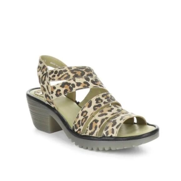 NWT Fly London Woze Leather Leopard Print Strappy Heel Sandals Comfort New 7 - Picture 1 of 9
